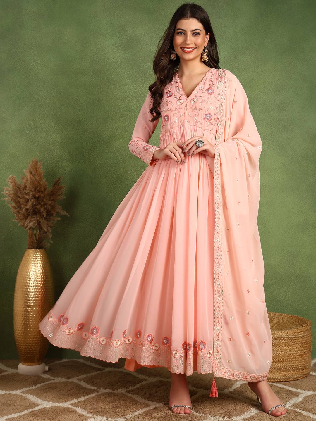 Women's Peach Georgette Embroidered Sequins Anarkali Gown With Dupatta - Ahika