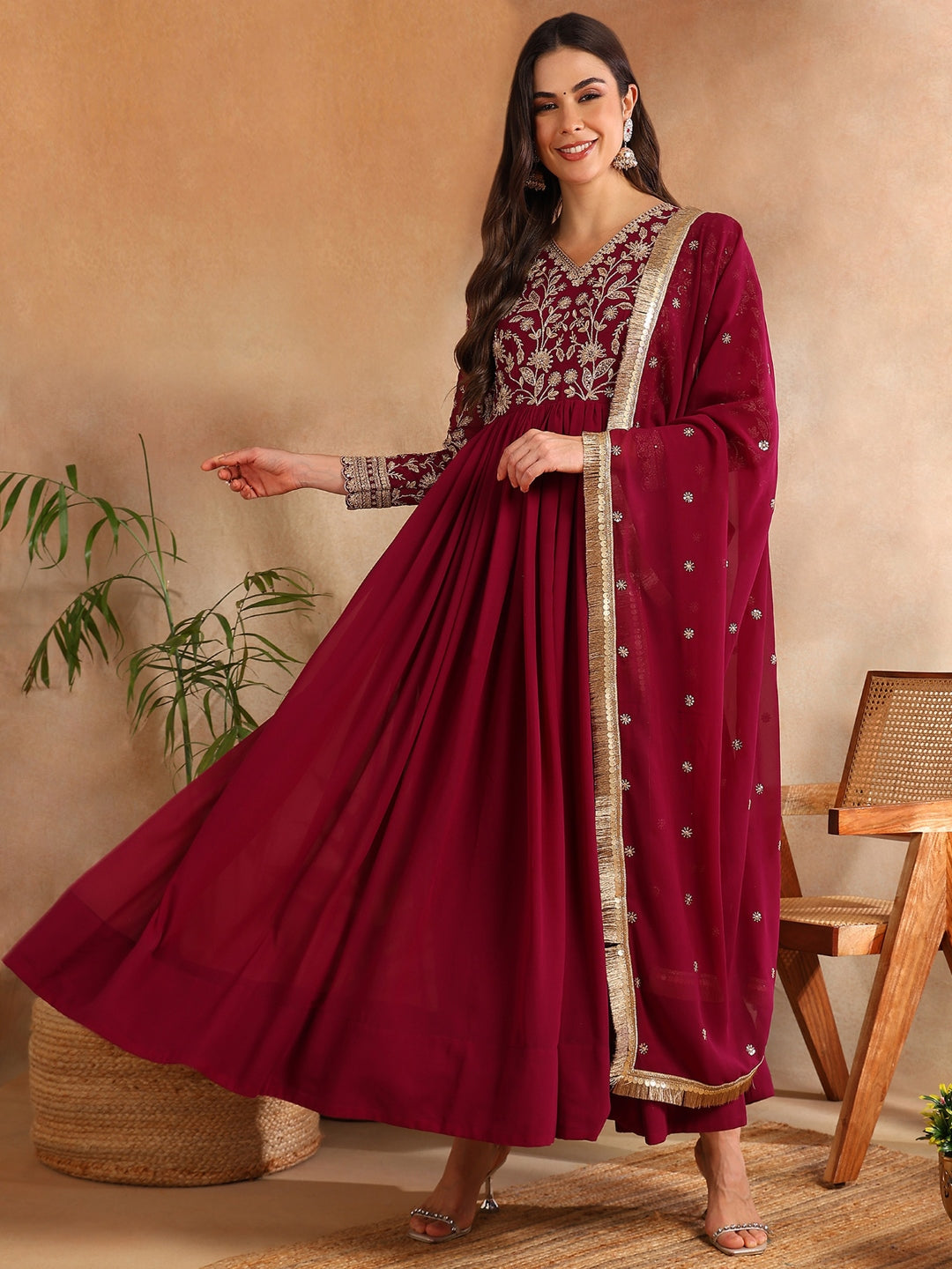 Women's Burgundy Georgette Solid Embroidered Anarkali Gown With Dupatta - Ahika