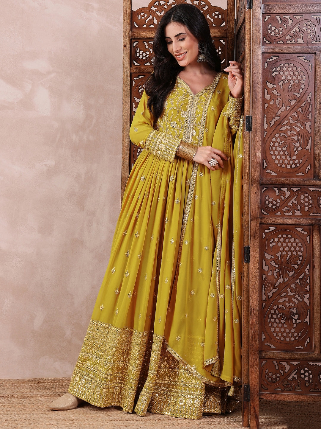 Women's Mustard Georgette Solid Embroidered Anarkali Gown With Dupatta - Ahika