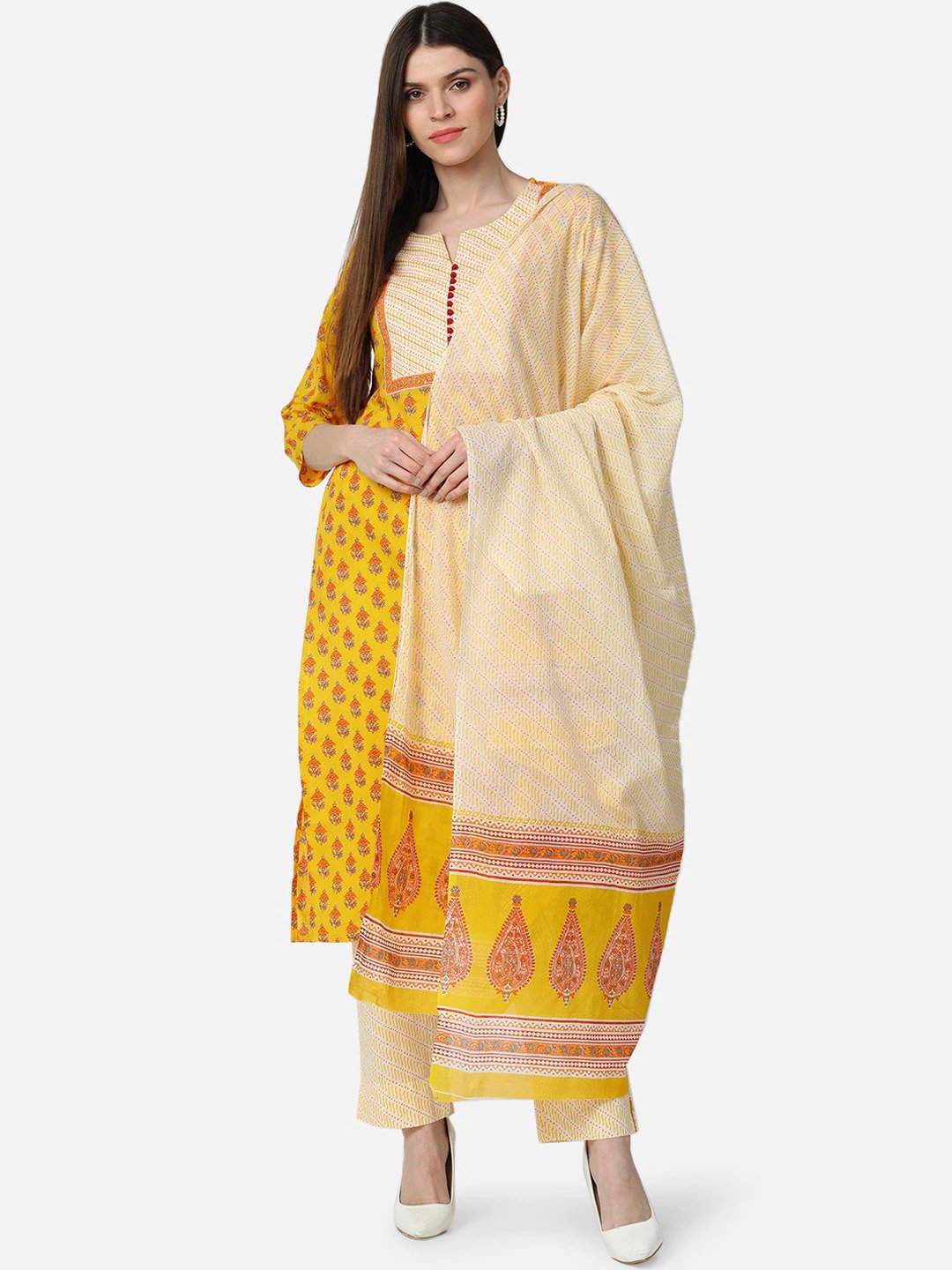 Women's Yellow And White Color Cotton Fabric Printed Fancy Kurta And Palazzo Dupatta Set - Ahika