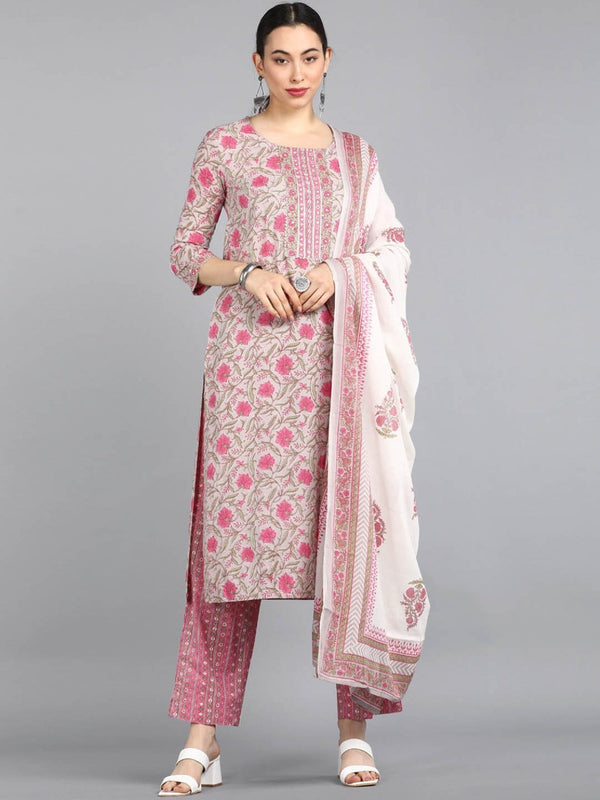 Women's Cotton Blend Printed Kurta Pants And Dupatta Set - Ahika