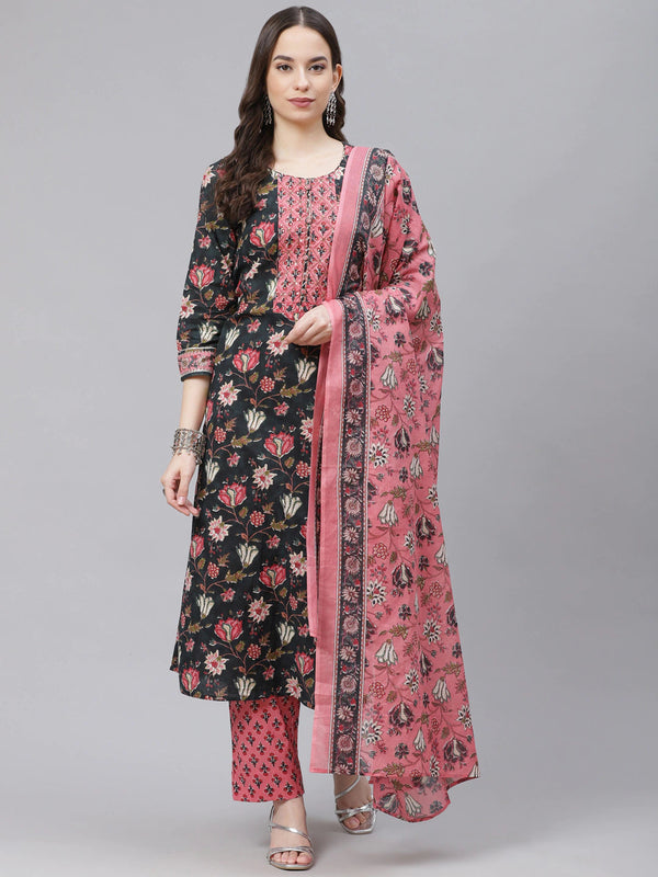 Women's Cotton Blend Printed Kurta Pant Dupatta Set - Ahika