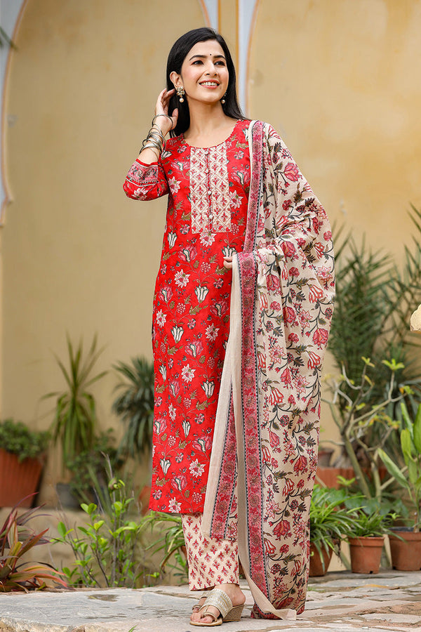 Women's Cotton Blend Printed Kurta Pant Dupatta Set - Ahika