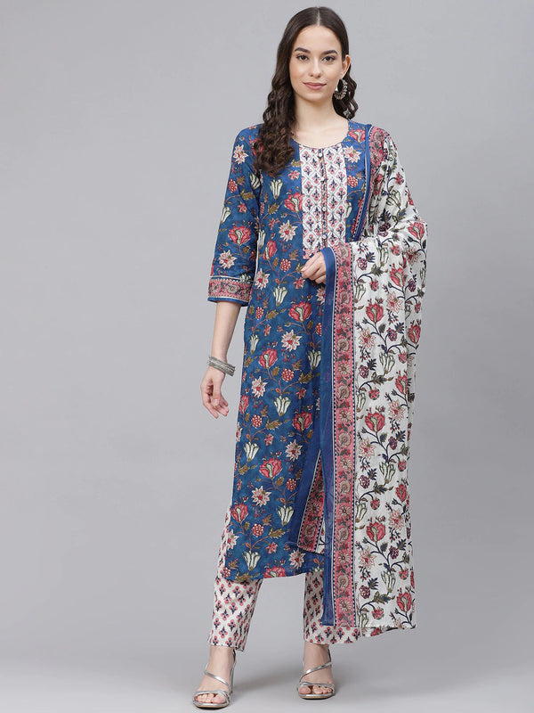 Women's Cotton Blend Printed Kurta Pant Dupatta Set - Ahika