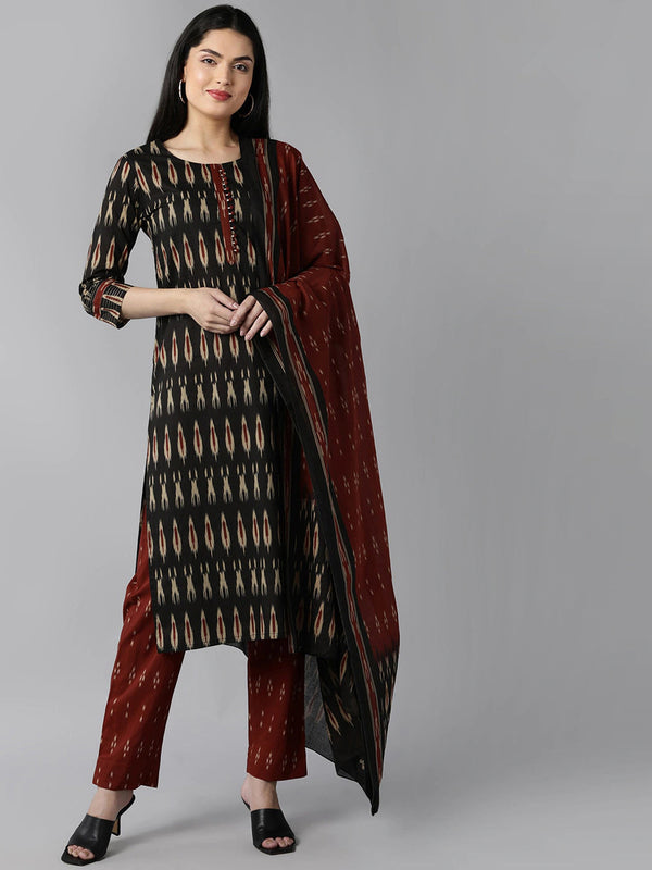 Women's Black Ethnic Motifs Printed Panelled Cotton Blend Kurta With Pants With Dupatta - Ahika