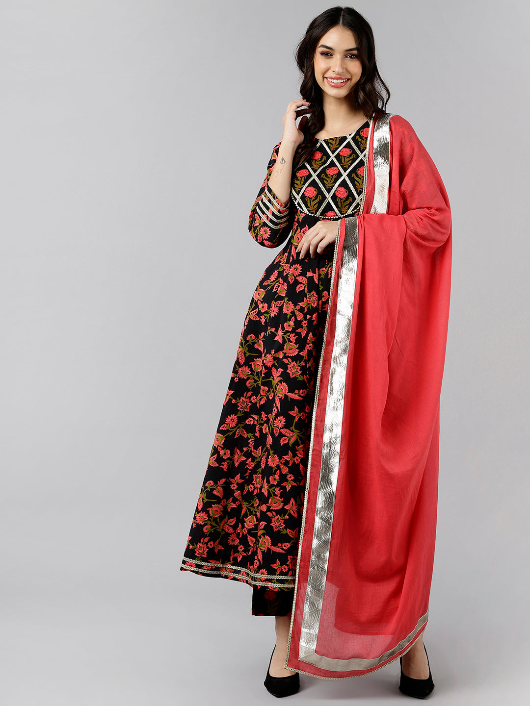 Women's Black Cotton Printed Anarkali Kurta Pant Set With Dupatta - Ahika