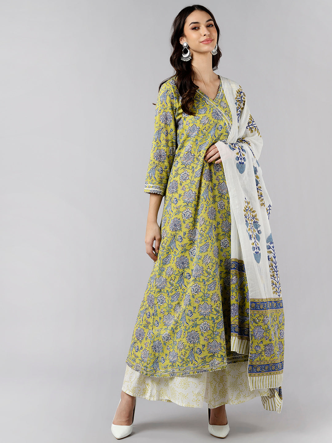 Women's Green Cotton Printed Anarkali Kurta Palazzo Set With Dupatta - Ahika