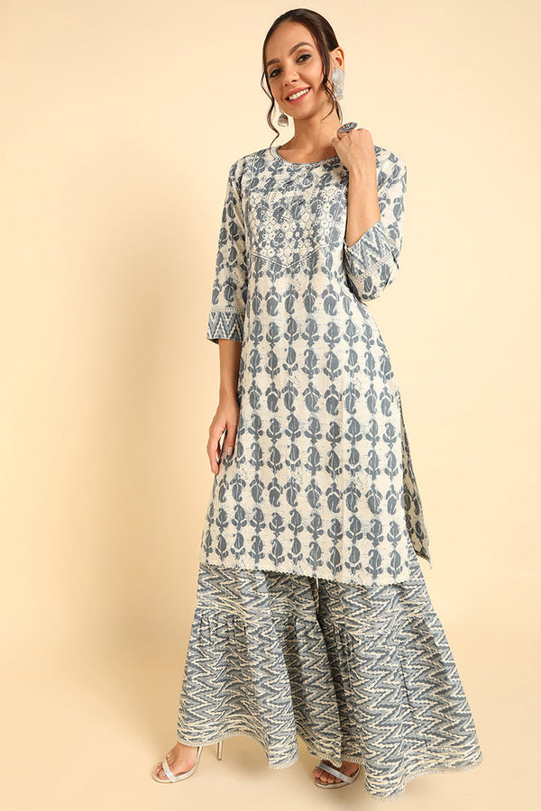 Women's Cotton Printed Kurta Sharara With Dupatta Set  - Ahika