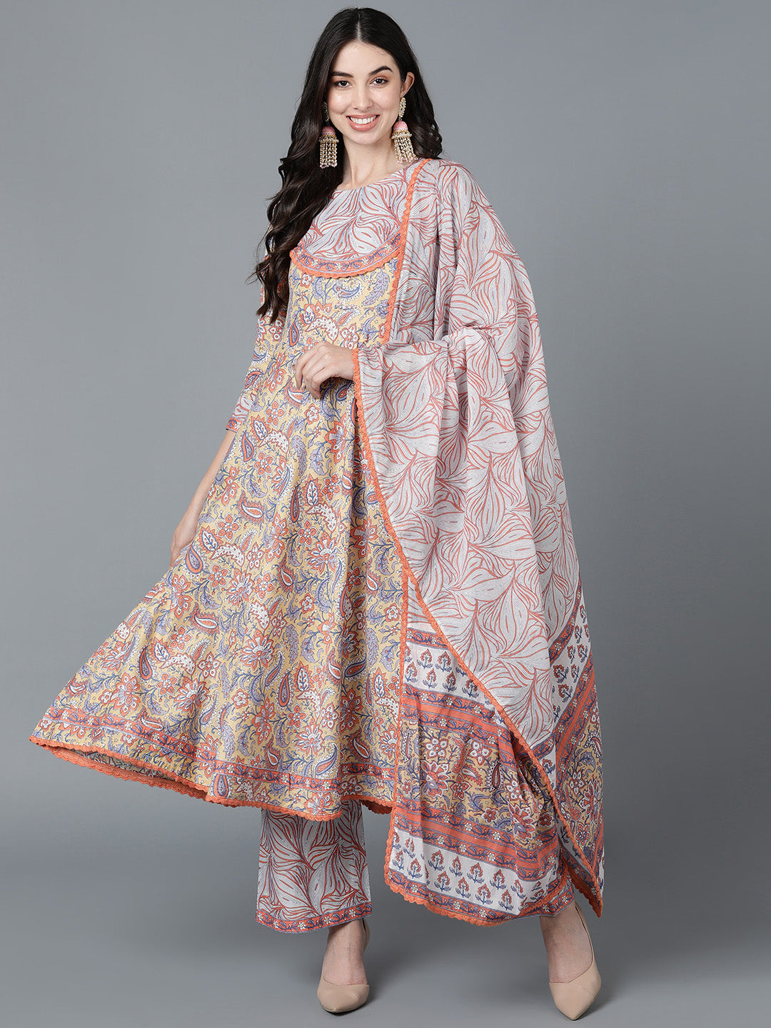 Women's Cream Cotton Printed Anarkali Kurta Palazzo Set With Dupatta - Ahika