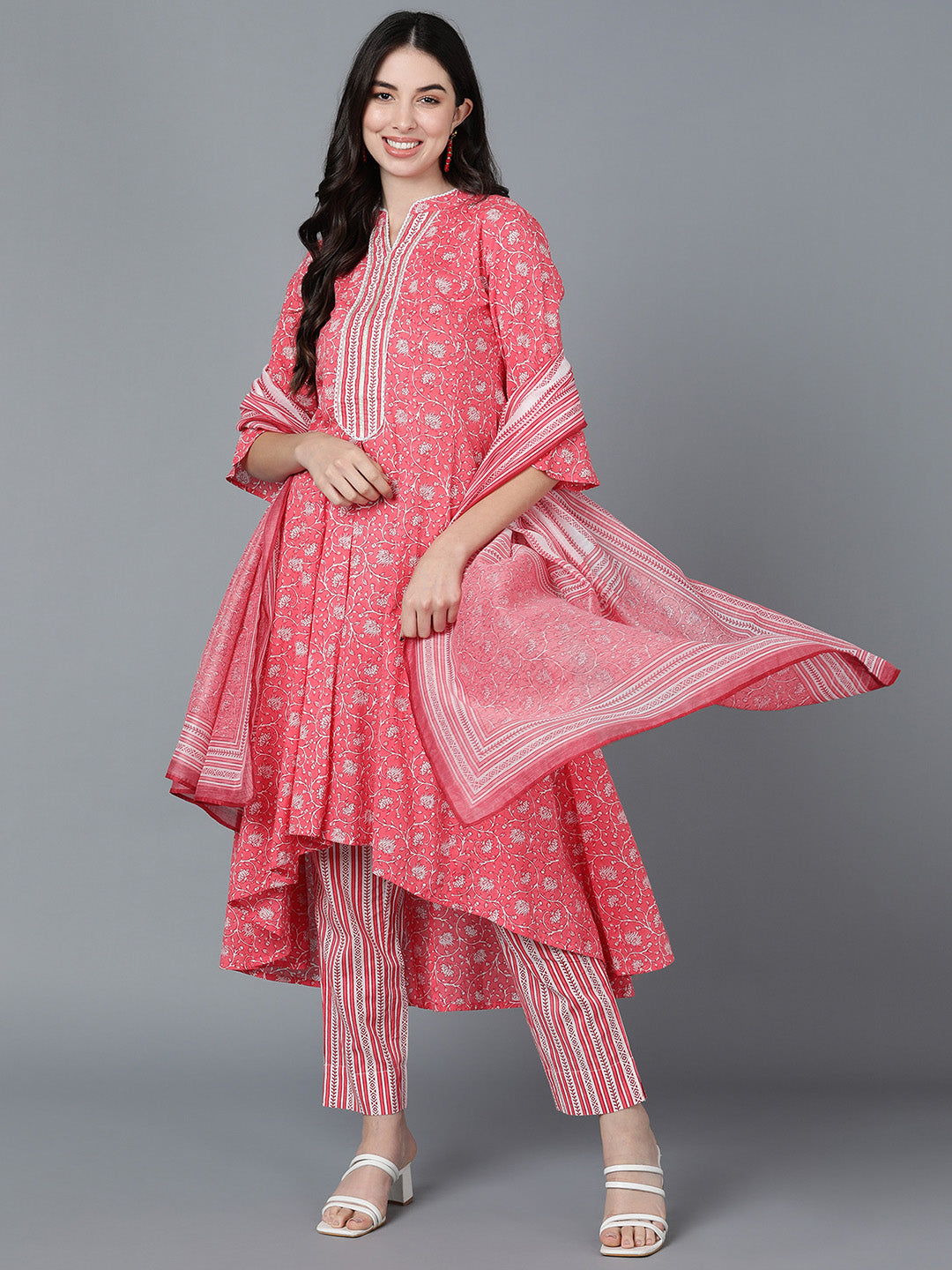 Women's Pink Cotton Printed Anarkali Kurta Pant Set With Dupatta - Ahika