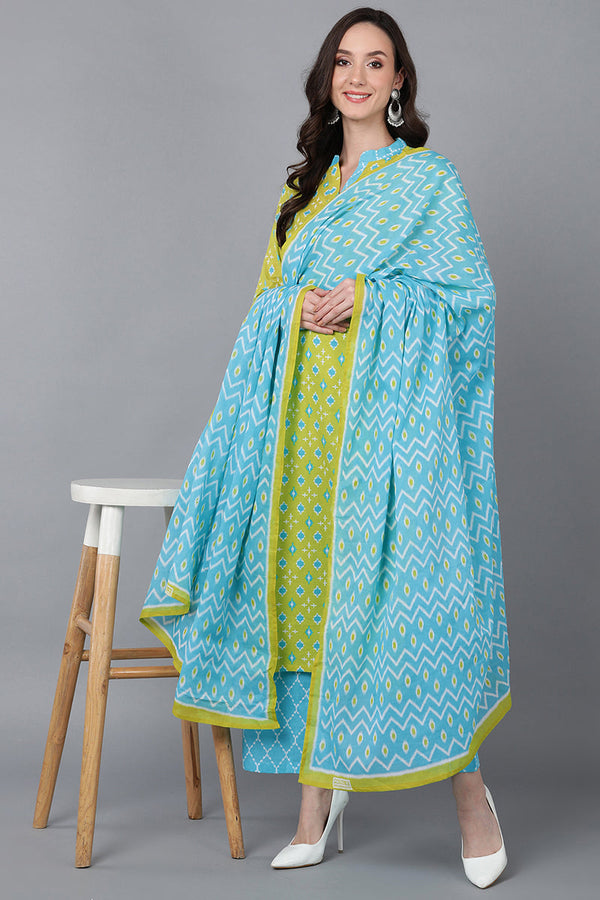 Women's Cotton Blend Printed Kurta Palazzos With Dupatta - Ahika