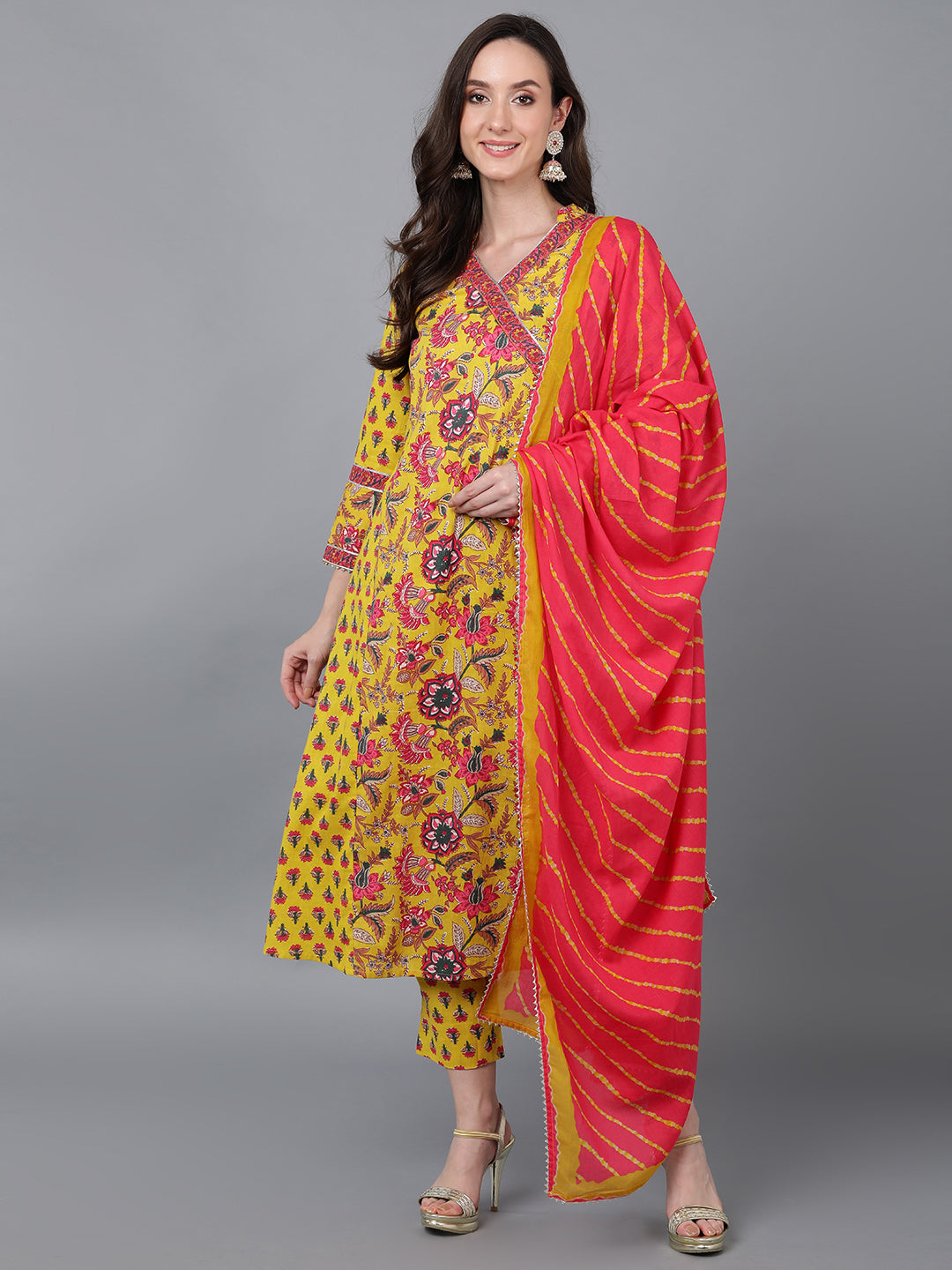 Women's Yellow Cotton Printed Anarkali Kurta Pant Set With Dupatta - Ahika