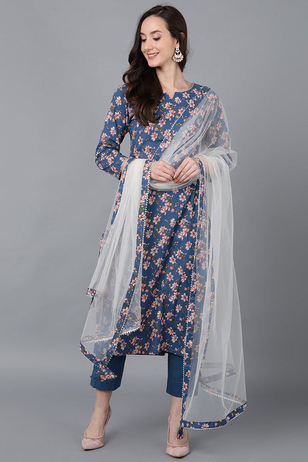 Women's Cotton Blend Floral Printed Kurta Pants With Dupatta - Ahika