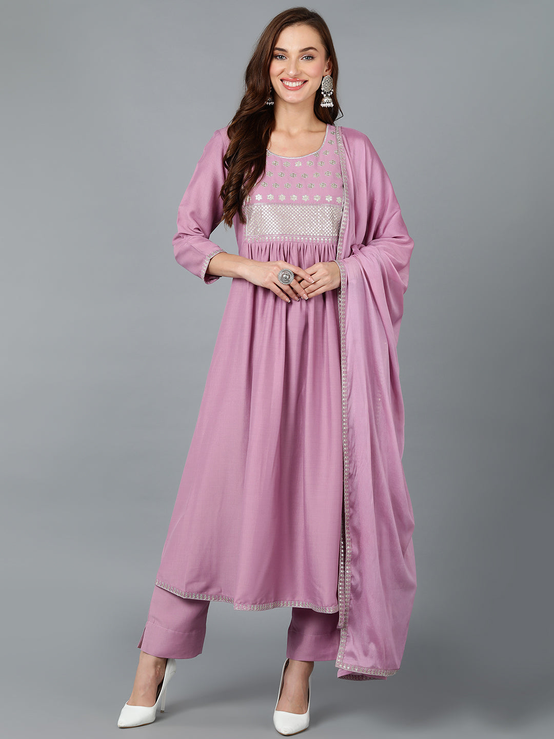 Women's Lavender Silk Blend Embroidered Festive Wear Anarkali Suit Set - Ahika