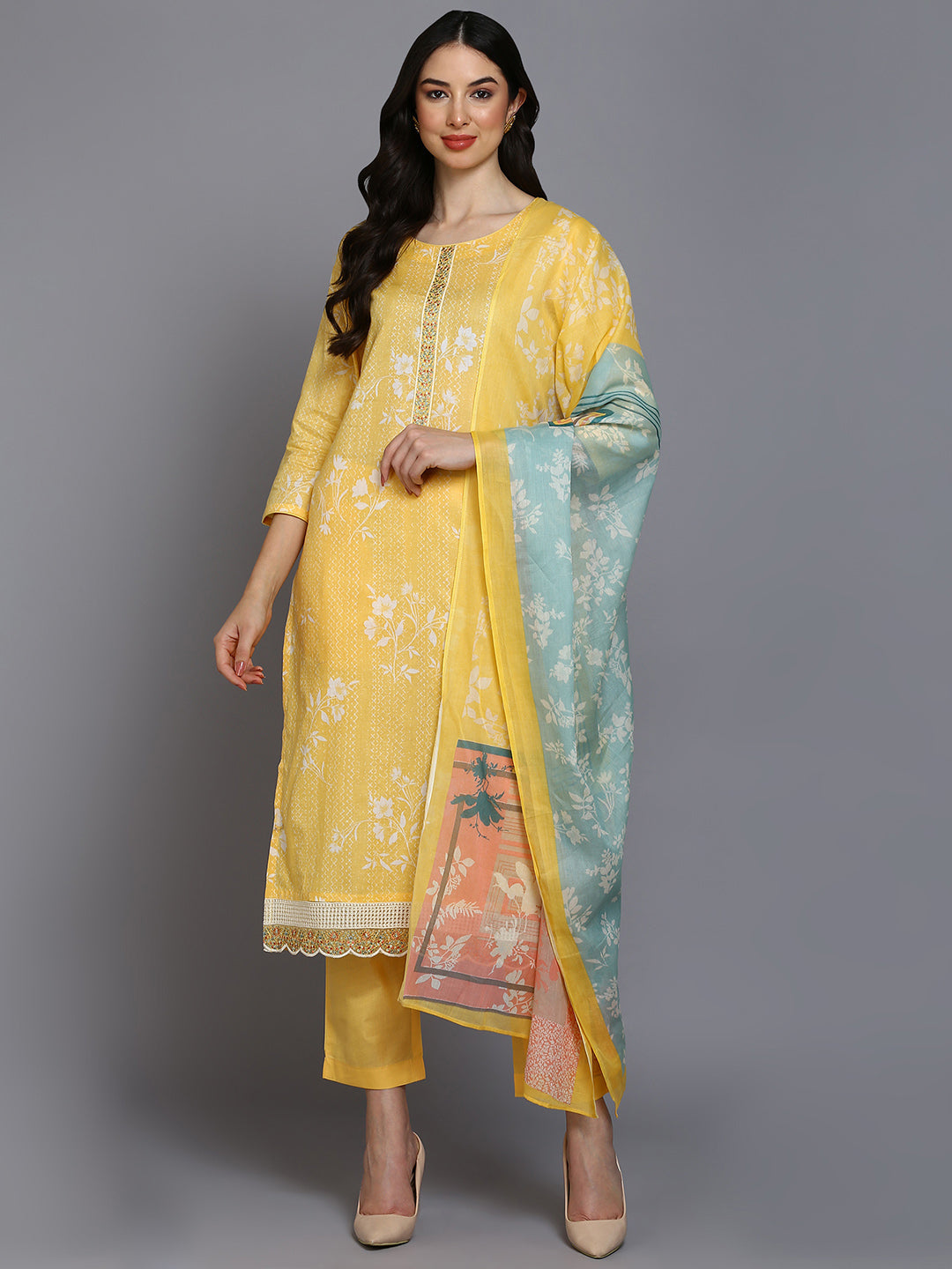 Women's Yellow Cotton Blend Printed Straight Kurta Pant Set With Dupatta - Ahika