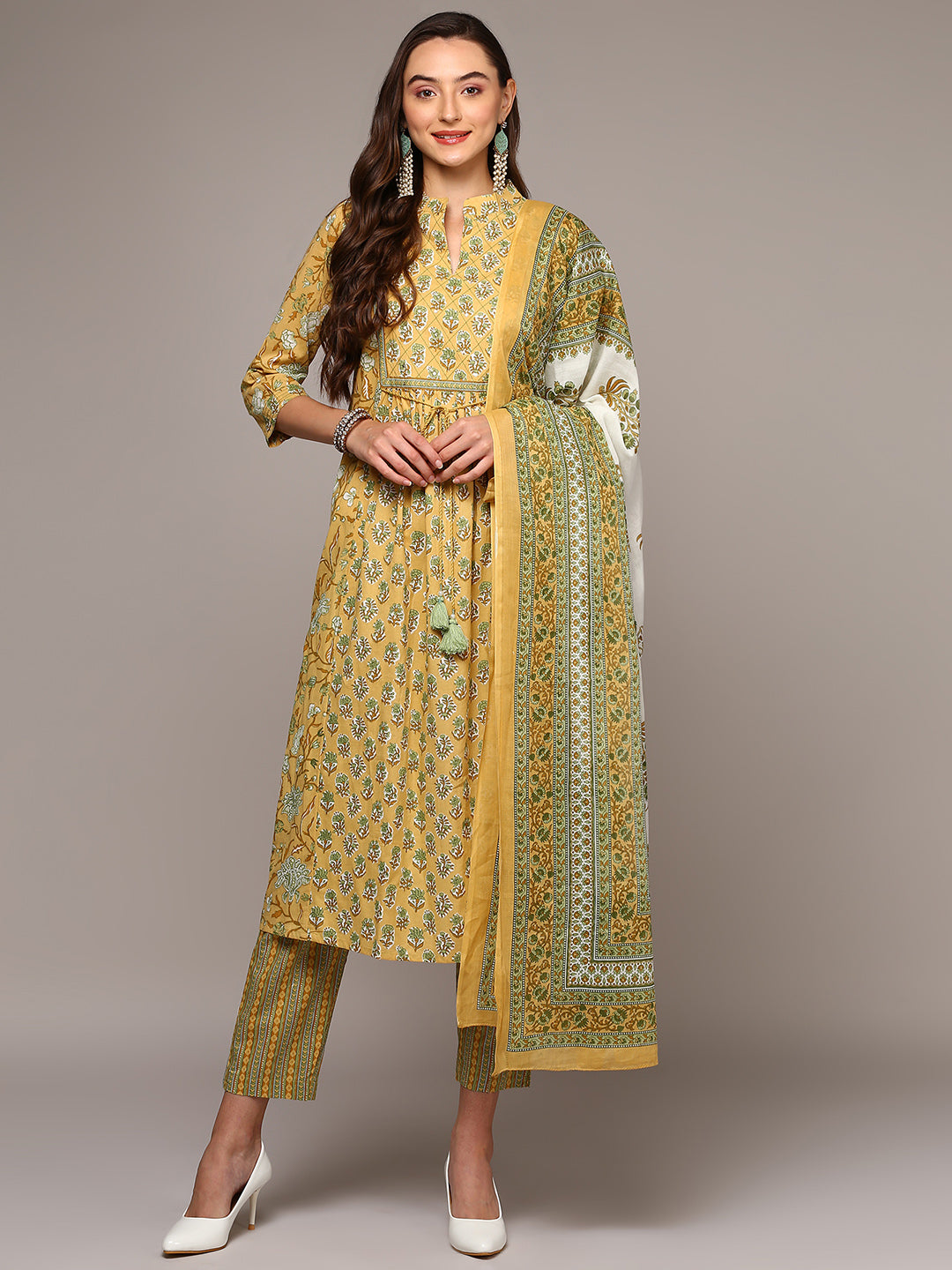 Women's Yellow Pure Cotton Printed Flared Suit Set - Ahika