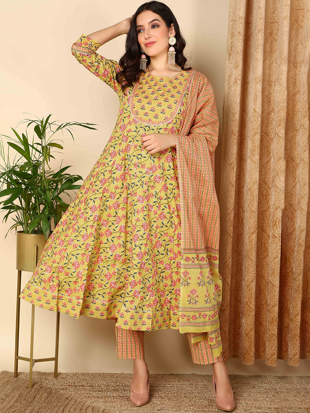 Women's Yellow Cotton Printed Anarkali Kurta Pant Set With Dupatta - Ahika