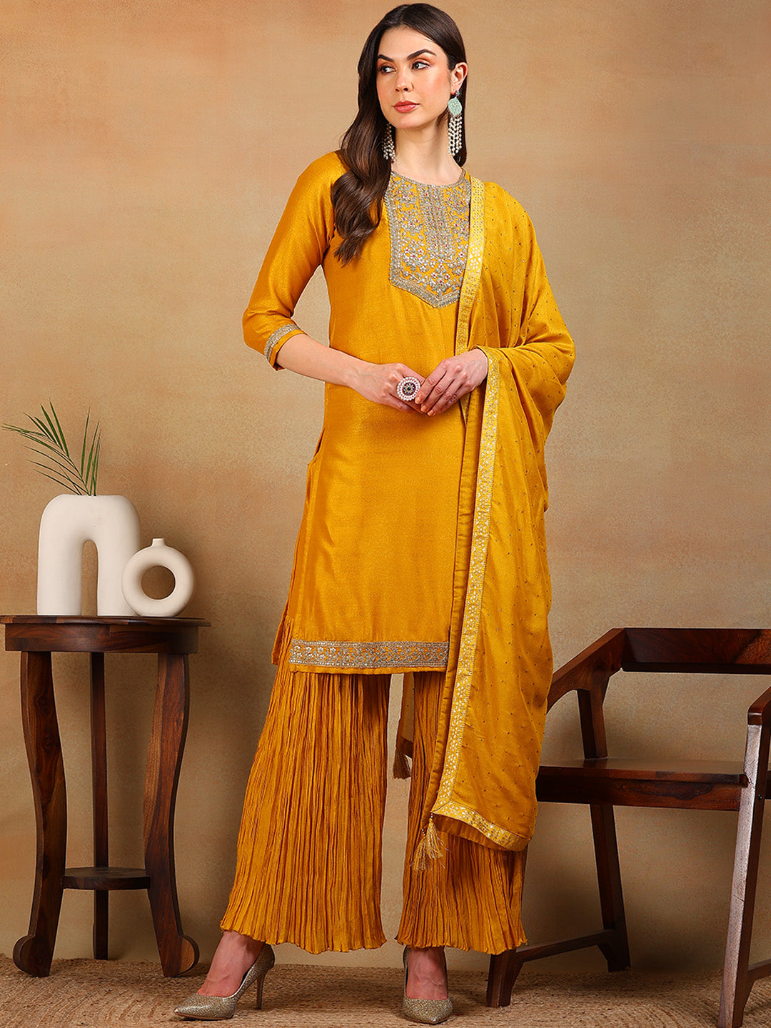 Women's Yellow Silk Blend Embroidered Straight Kurta Palazzo Set With Dupatta - Ahika