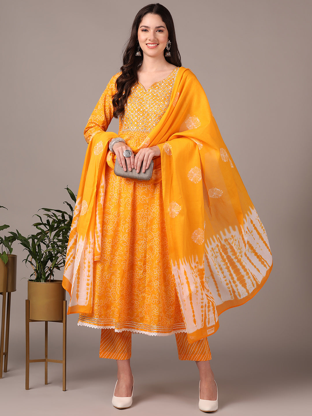 Women's Yellow Pure Cotton Bandhani Yoke Design Thread Work Anarkali Kurta Pant With Dupatta - Ahika