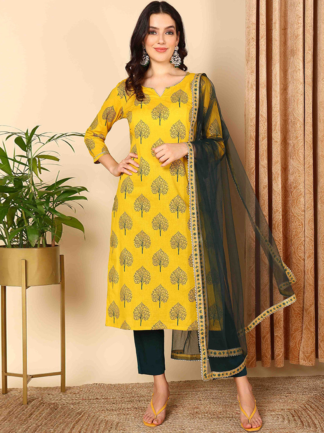 Women's Yellow Pure Cotton Ethnic Motifs Printed Straight Kurta Pant With Dupatta - Ahika