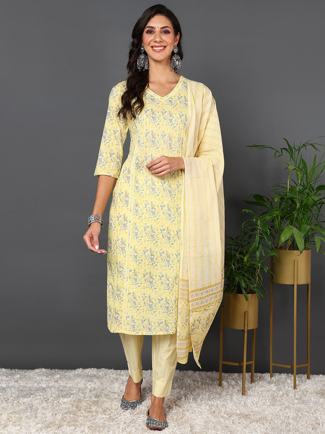 Women's Yellow Pure Cotton Floral Printed Kurta Pant With Dupatta  - Ahika