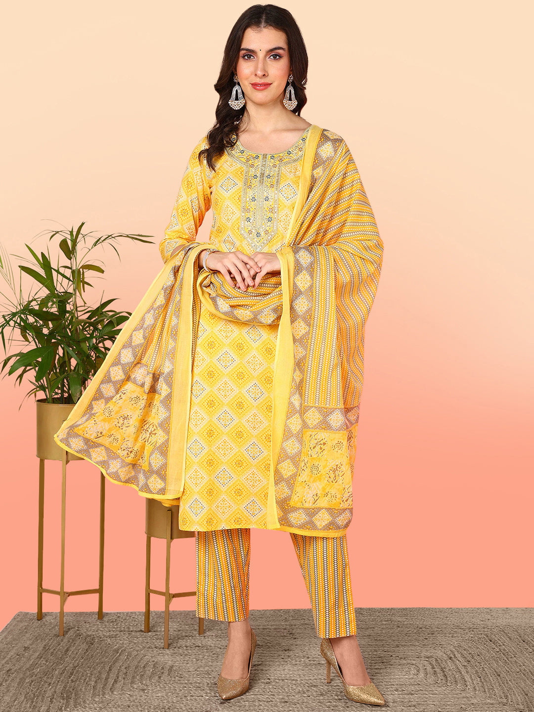 Women's Yellow Pure Cotton Geometric Printed Yoke Design Kurta Pant With Dupatta  - Ahika