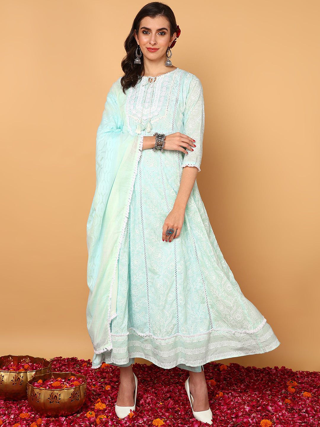 Women's Sea Green Cotton Embroidered Anarkali Kurta Pant Set With Dupatta - Ahika