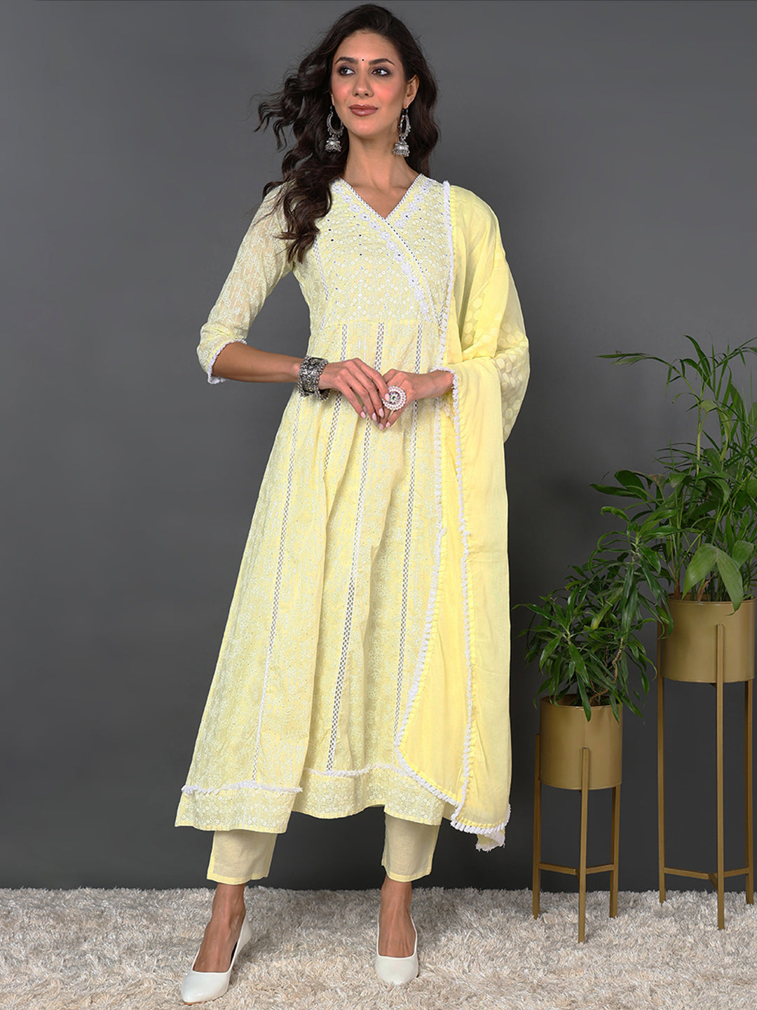 Women's Yellow Pure Cotton Floral Printed Kurta Pant With Dupatta  - Ahika