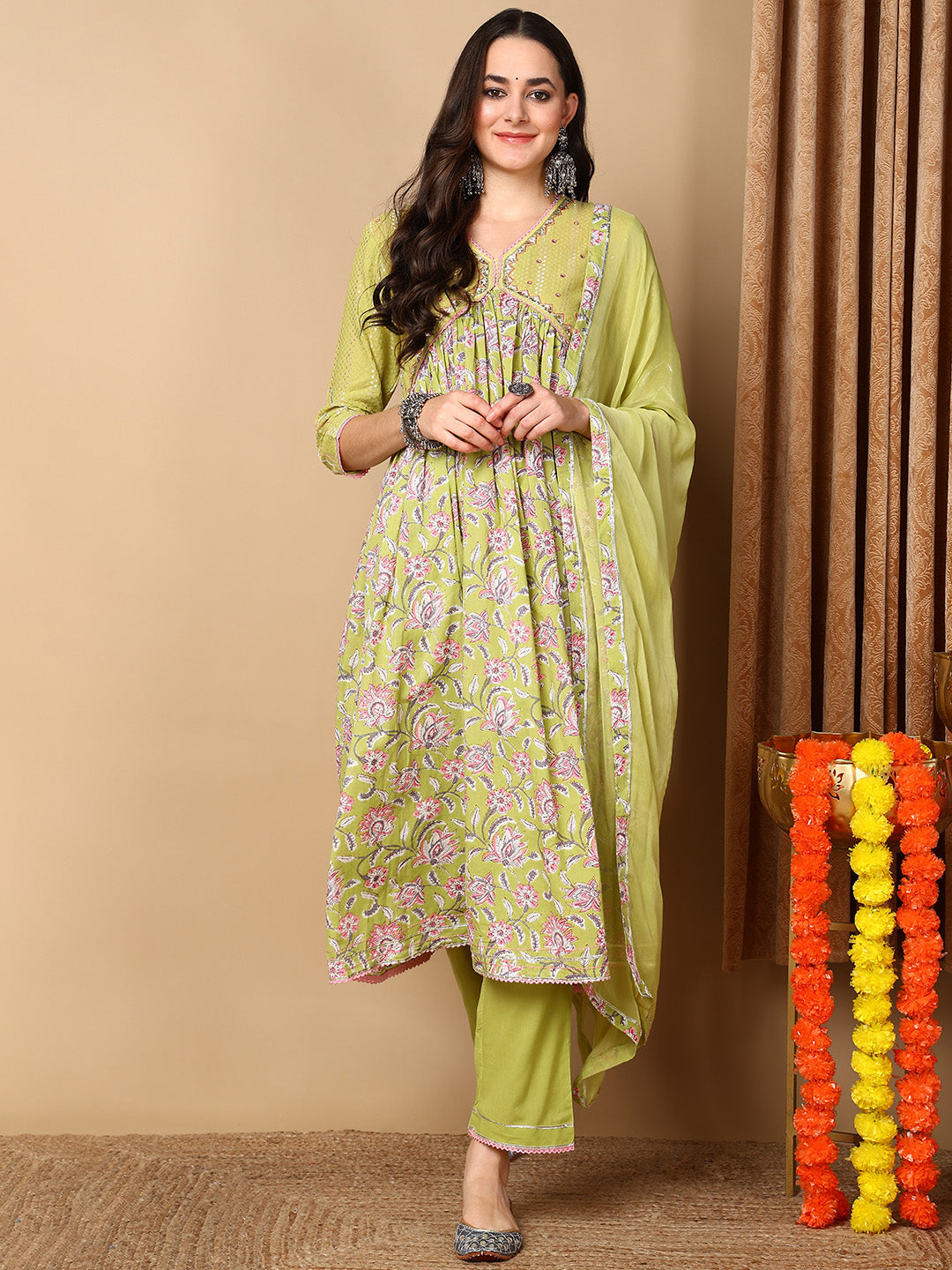 Women's Green Cotton Printed Anarkali Kurta Pant Set With Dupatta - Ahika