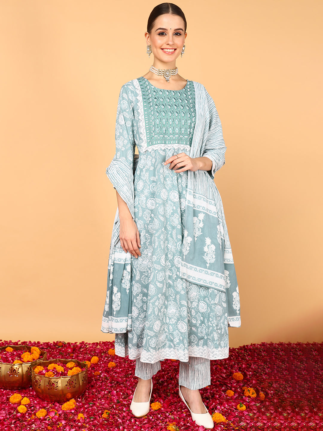 Women's Sea Green Cotton Embroidered Anarkali Kurta Pant Set With Dupatta - Ahika