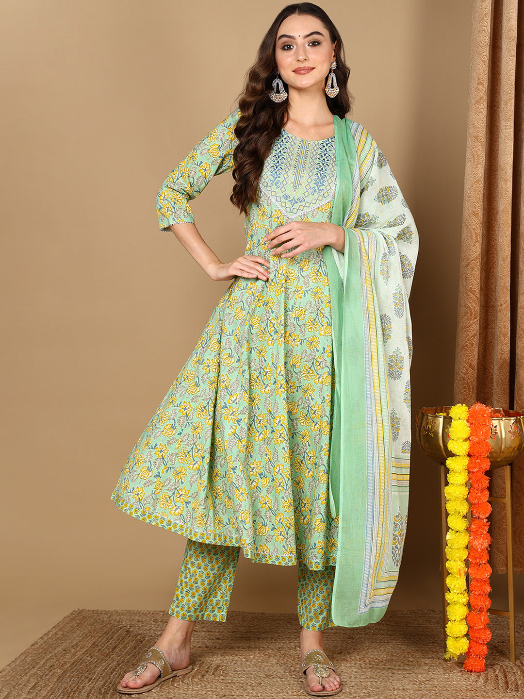 Women's Green Pure Cotton Floral Printed Yoke Design Anarkali Kurta Pant With Dupatta - Ahika