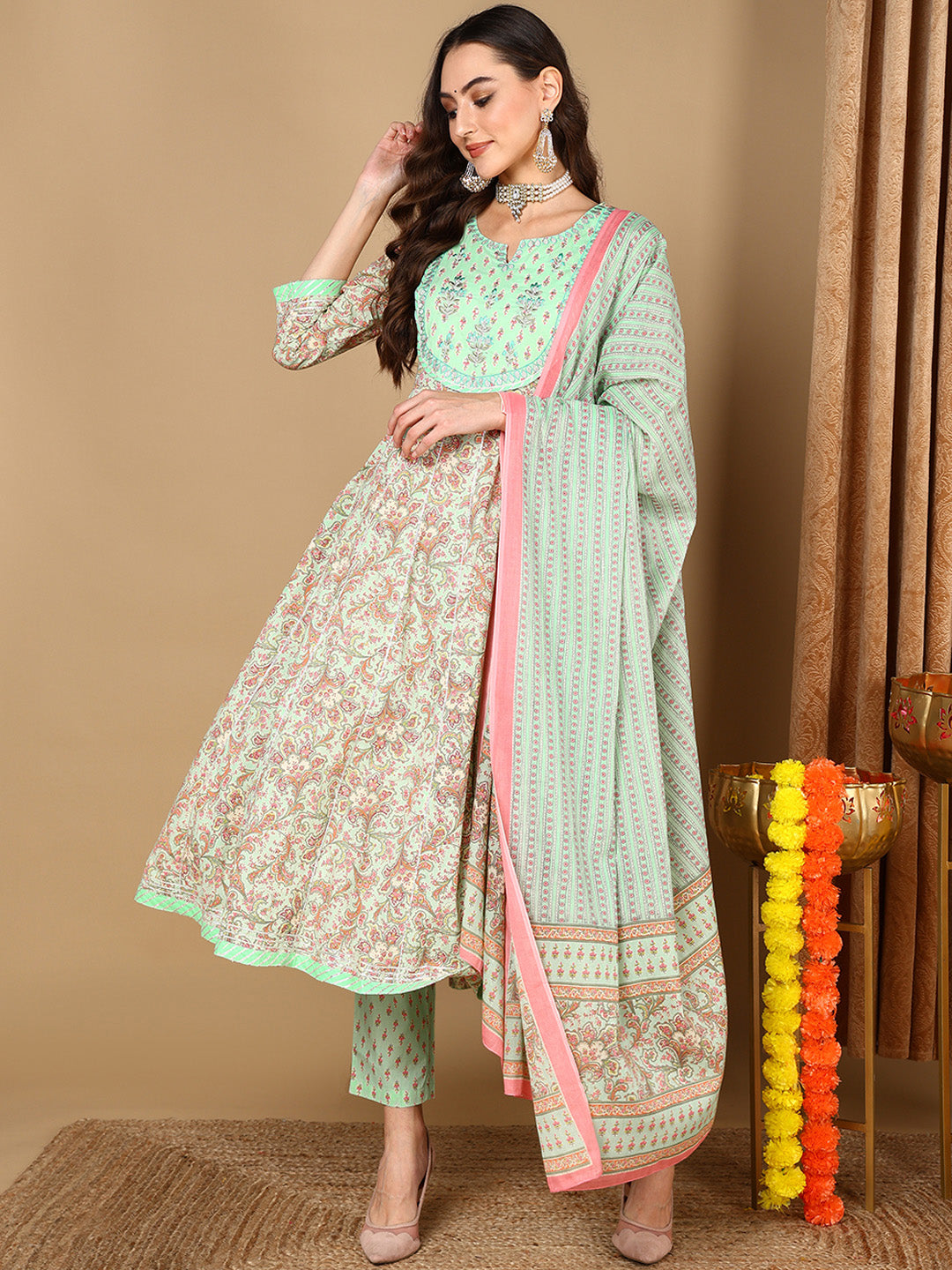 Women's Sea Green Cotton Ethnic Printed Anarkali Kurta Pant With Dupatta - Ahika