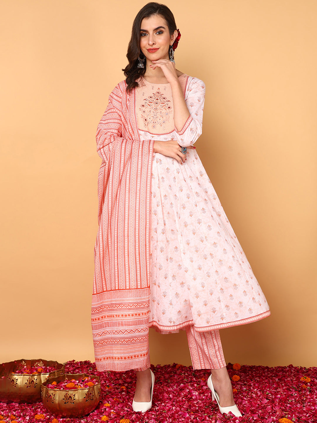 Women's Peach Cotton Embroidered Anarkali Kurta Pant Set With Dupatta - Ahika