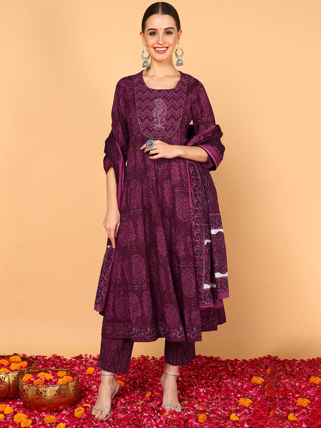 Women's Magenta Cotton Embroidered Anarkali Kurta Pant Set With Dupatta - Ahika