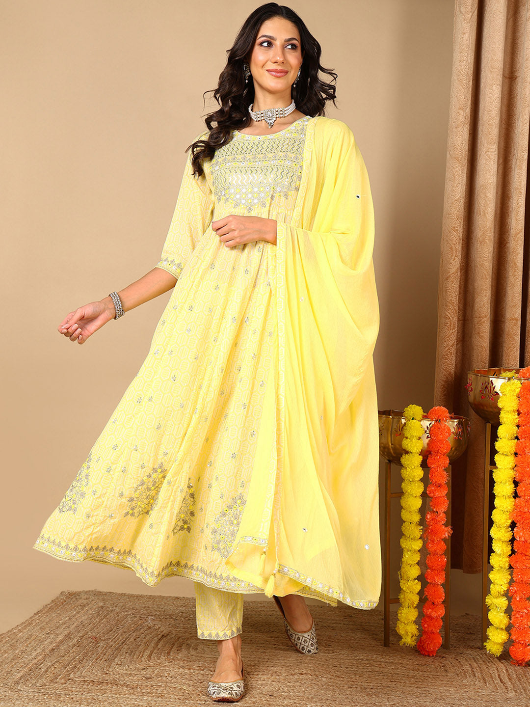 Women's Yellow Pure Cotton Geometric Printed Embroidered Kurta Pant With Dupatta  - Ahika