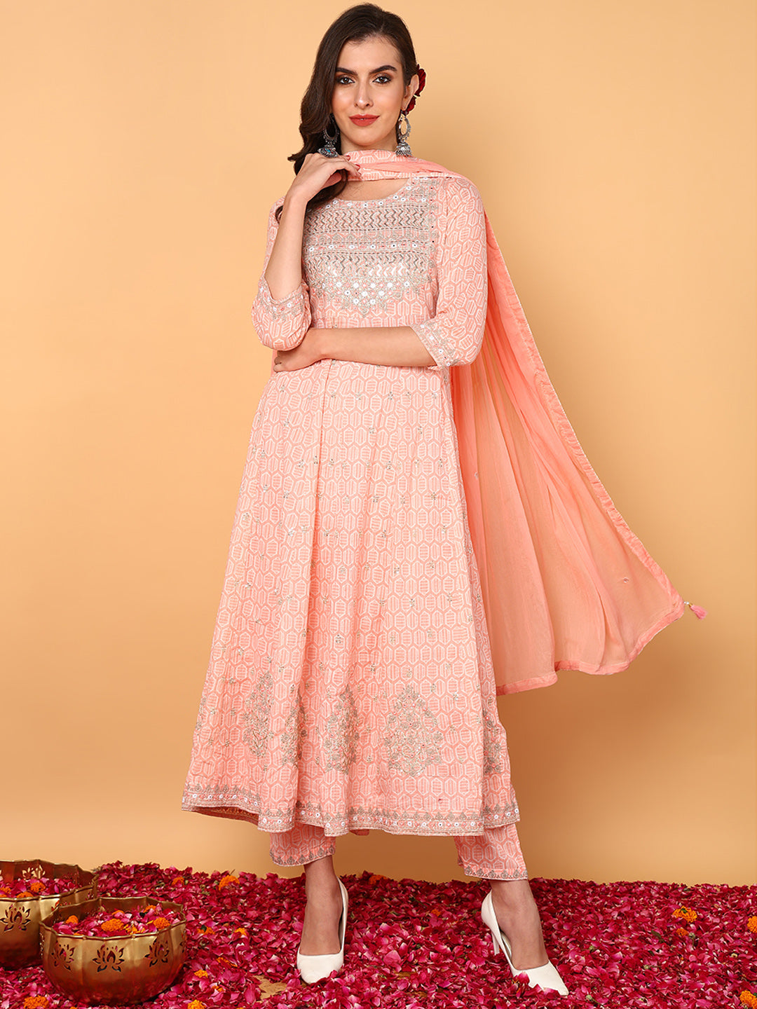 Women's Peach Cotton Embroidered Anarkali Kurta Pant Set With Dupatta - Ahika