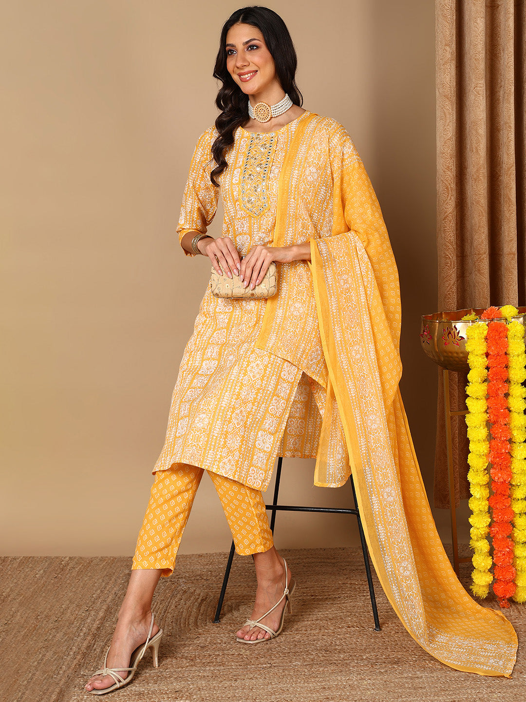 Women's Yellow Pure Cotton Ethnic Motifs Printed Embroidered Kurta Pant With Dupatta  - Ahika