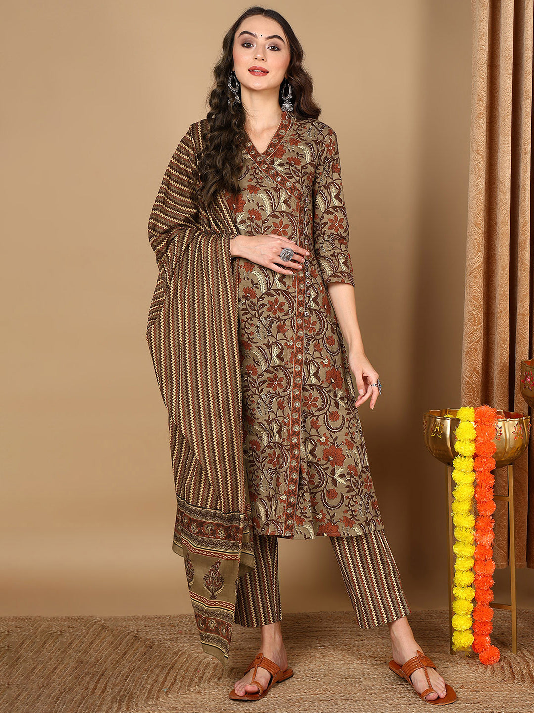 Women's Taupe Cotton Floral Printed Anarkali Kurta Pant With Dupatta - Ahika