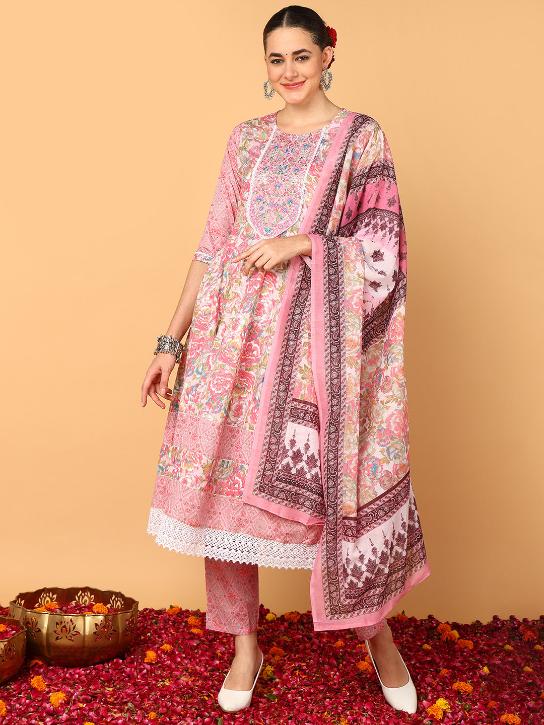 Women's Pink Cotton Embroidered Anarkali Kurta Pant Set With Dupatta - Ahika