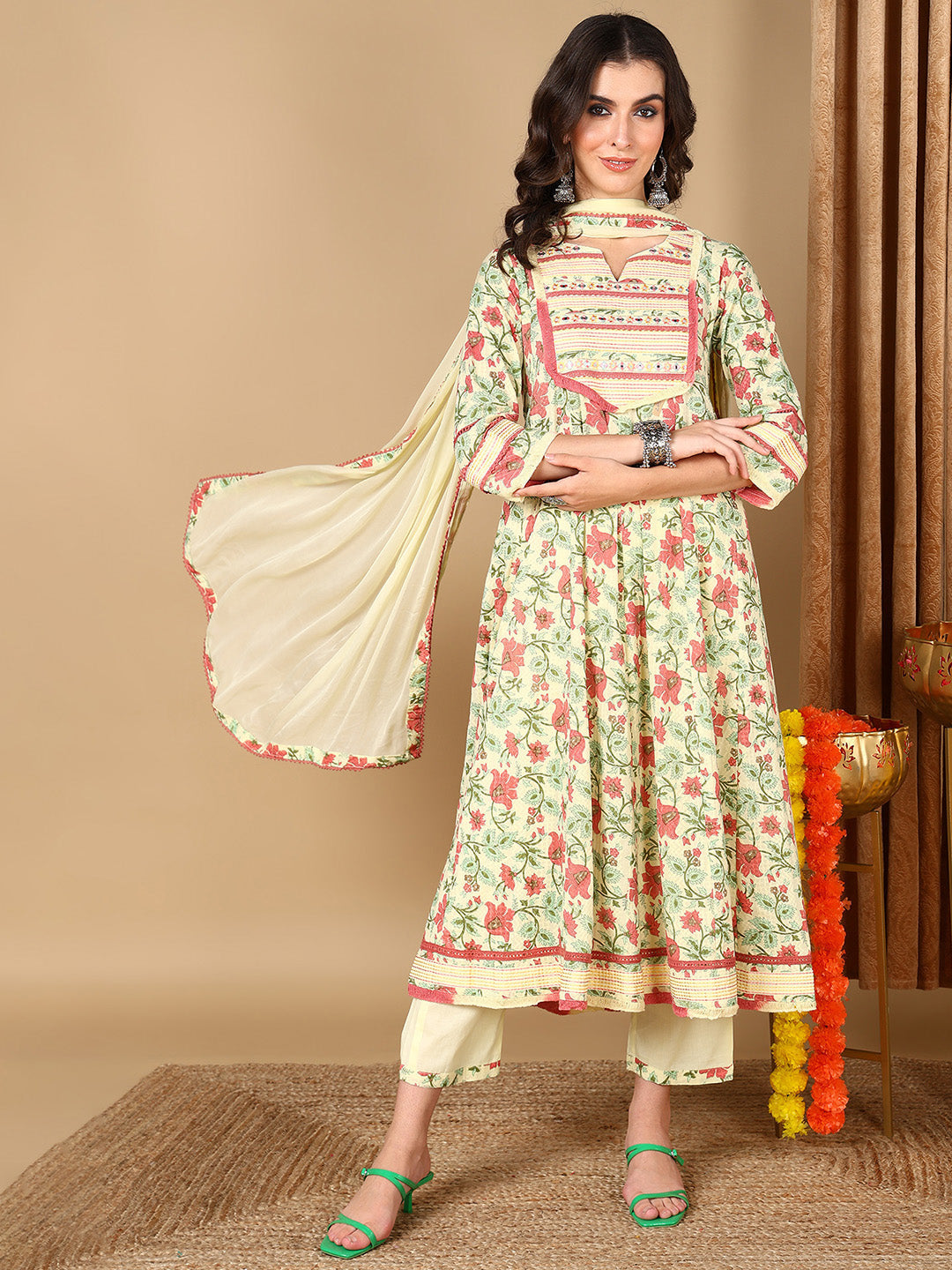 Women's Yellow Pure Cotton Floral Printed Yoke Design Kurta Pant With Dupatta  - Ahika