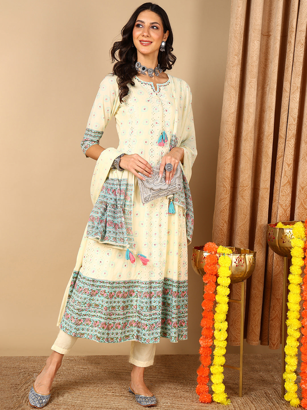 Women's Yellow Pure Cotton Ethnic Motifs Printed Kurta Pant With Dupatta  - Ahika