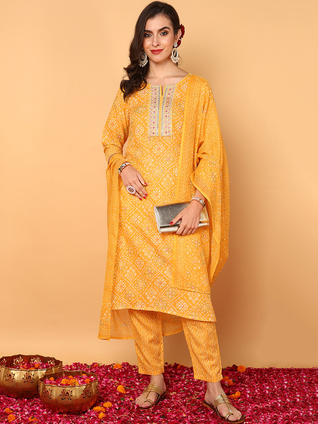 Women's Yellow Poly Cotton Embroidered Straight Kurta Pant Set With Dupatta - Ahika