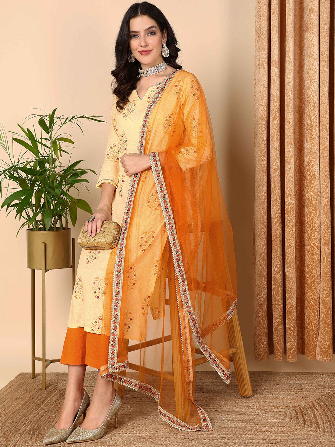 Women's Yellow Pure Cotton Floral Printed Straight Kurta Pant With Dupatta - Ahika