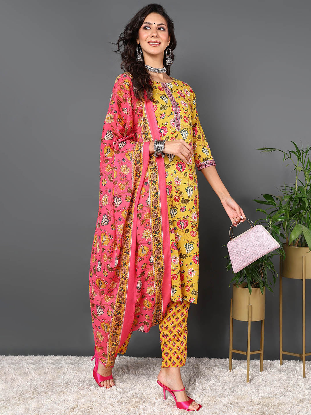 Women's Yellow Cotton Blend Floral Printed Kurta Pant With Dupatta  - Ahika