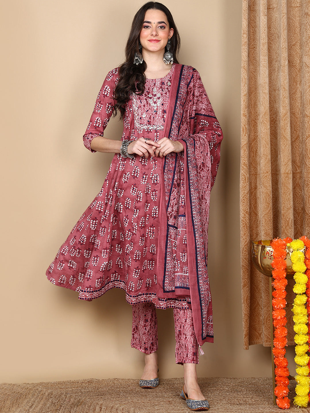 Women's Pink Cotton Printed Anarkali Kurta Pant Set With Dupatta - Ahika