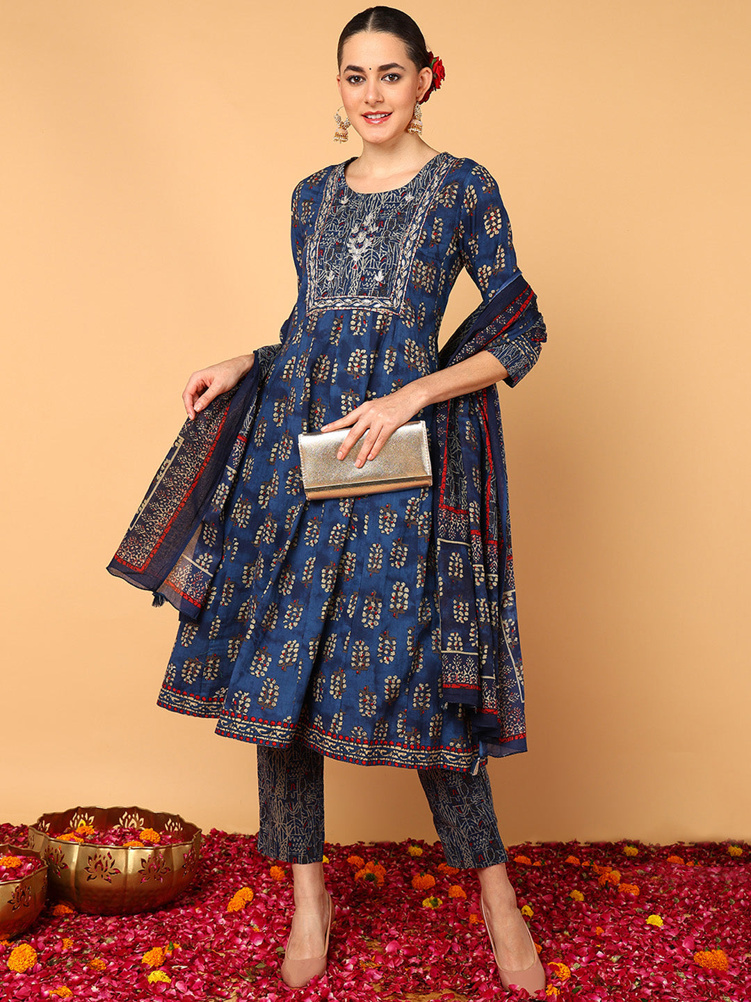 Women's Blue Cotton Printed Anarkali Kurta Pant Set With Dupatta - Ahika