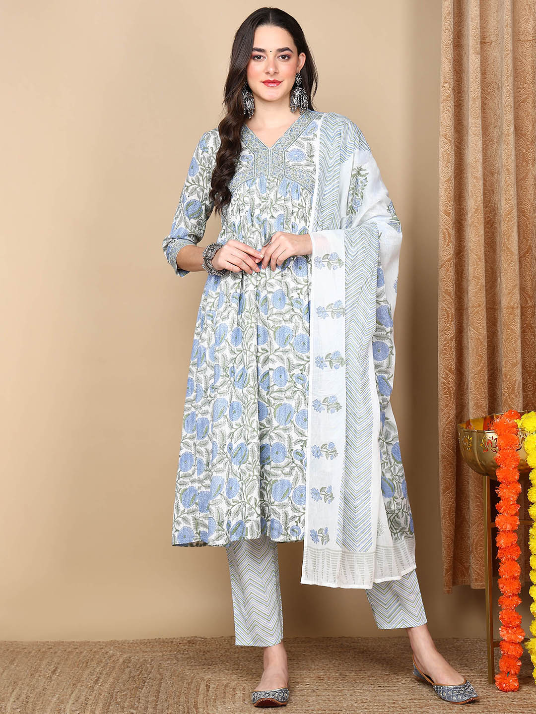 Women's White Cotton Printed Anarkali Kurta Pant Set With Dupatta - Ahika