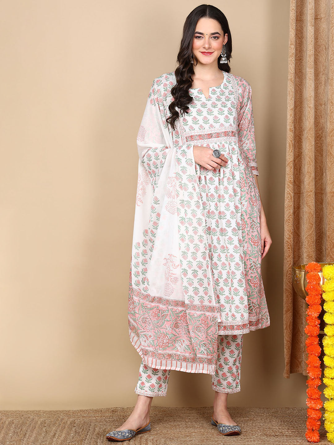 Women's White Cotton Printed Anarkali Kurta Pant Set With Dupatta - Ahika