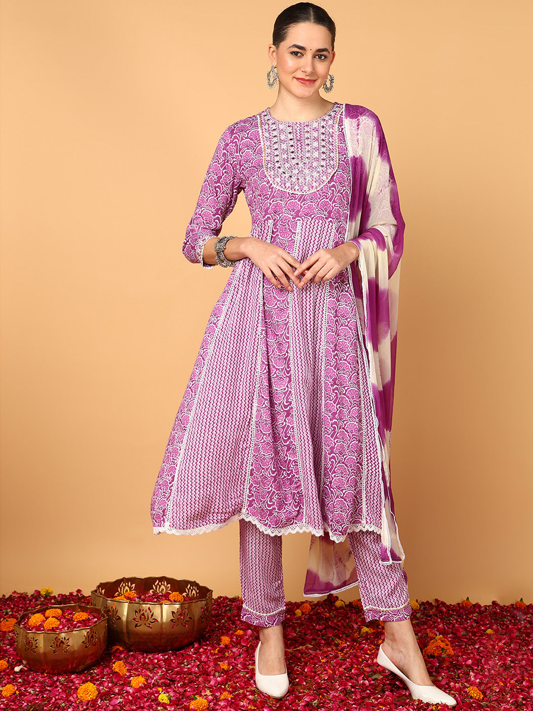 Women's Purple Viscose Rayon Yoke Design Anarkali Kurta Pant Set With Dupatta - Ahika