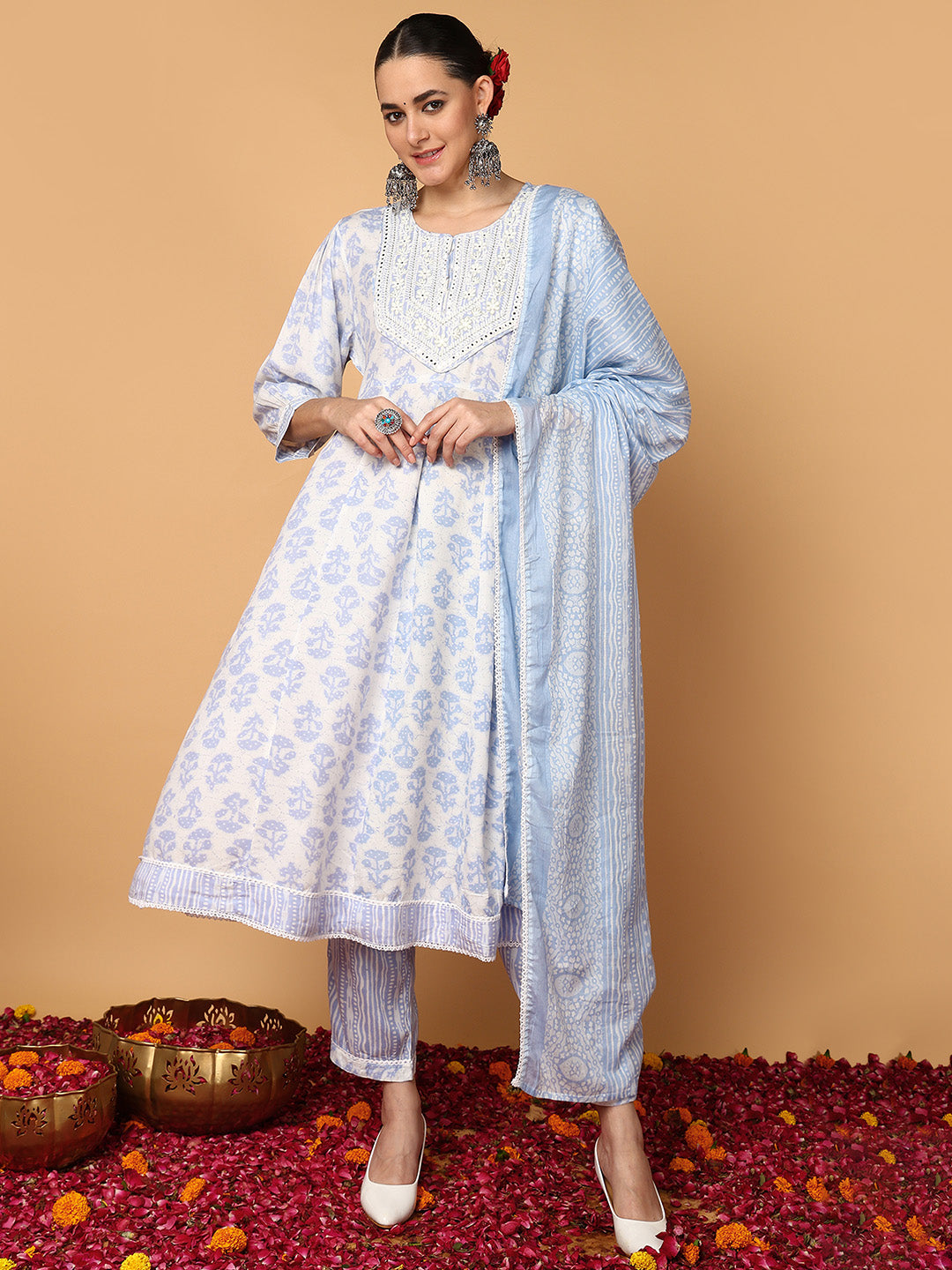 Women's Blue Viscose Rayon Yoke Design Anarkali Kurta Pant Set With Dupatta - Ahika